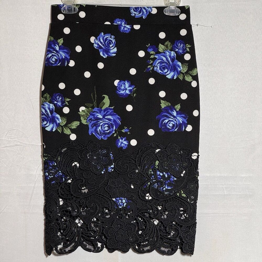 Olivia Blu Womens S Black Blue Floral Polka Dot Lace Pencil Skirt Romantic